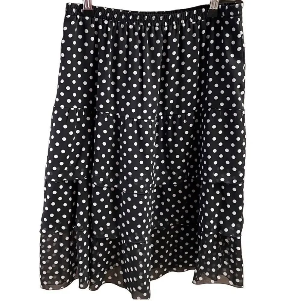 Notations Womens Polka Dot Tiered Layer Ruffle Skirt Petite Medium Black White